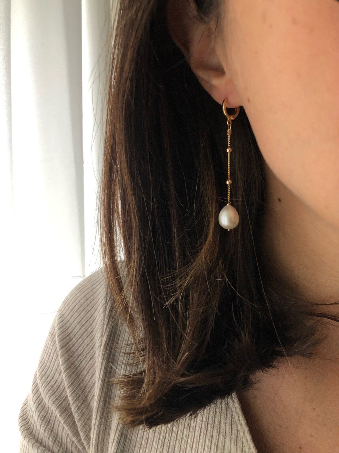 ISABELLA PEARL EARRINGS | Gold Filled Pearl Dangle Huggie Earrings
