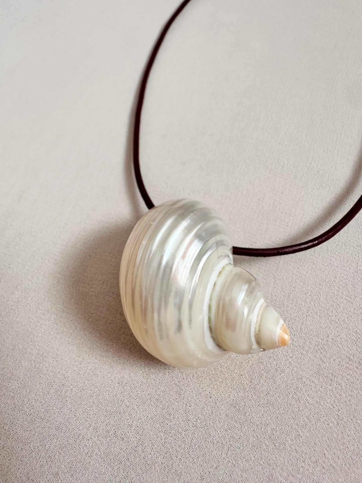 Large natural shell pendant on burgundy leather cord angle shot