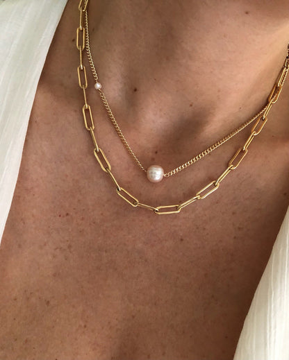 LENA PEARL NECKLACE | Gold-Filled Pink Pearl Curb Chain Necklace