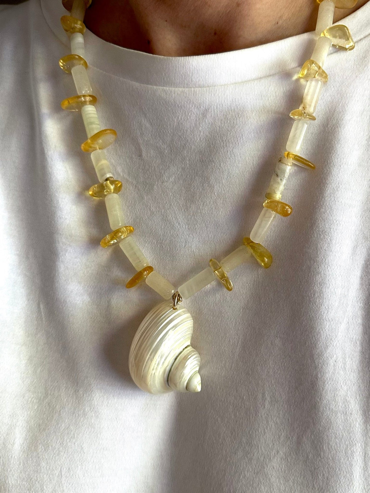 ROMY NECKLACE | Citrine Beads with Natural Shell Pendant
