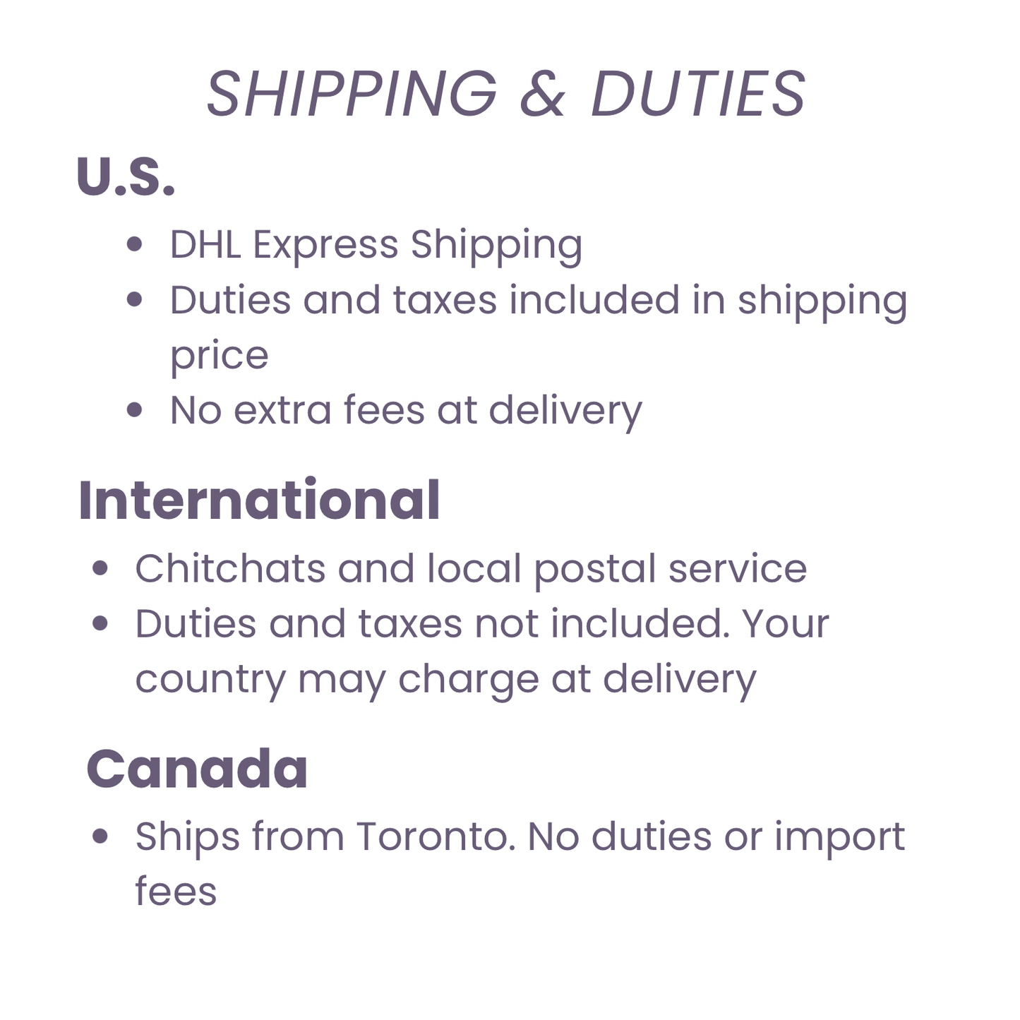 The image is a list of shipping and duties information for the United States, Canada, and International. It provides details about the shipping and duties services offered in each country, including the shipping and duties included in the shipping price, no extra fees at delivery, and the services provided by Chitchats and local postal service.