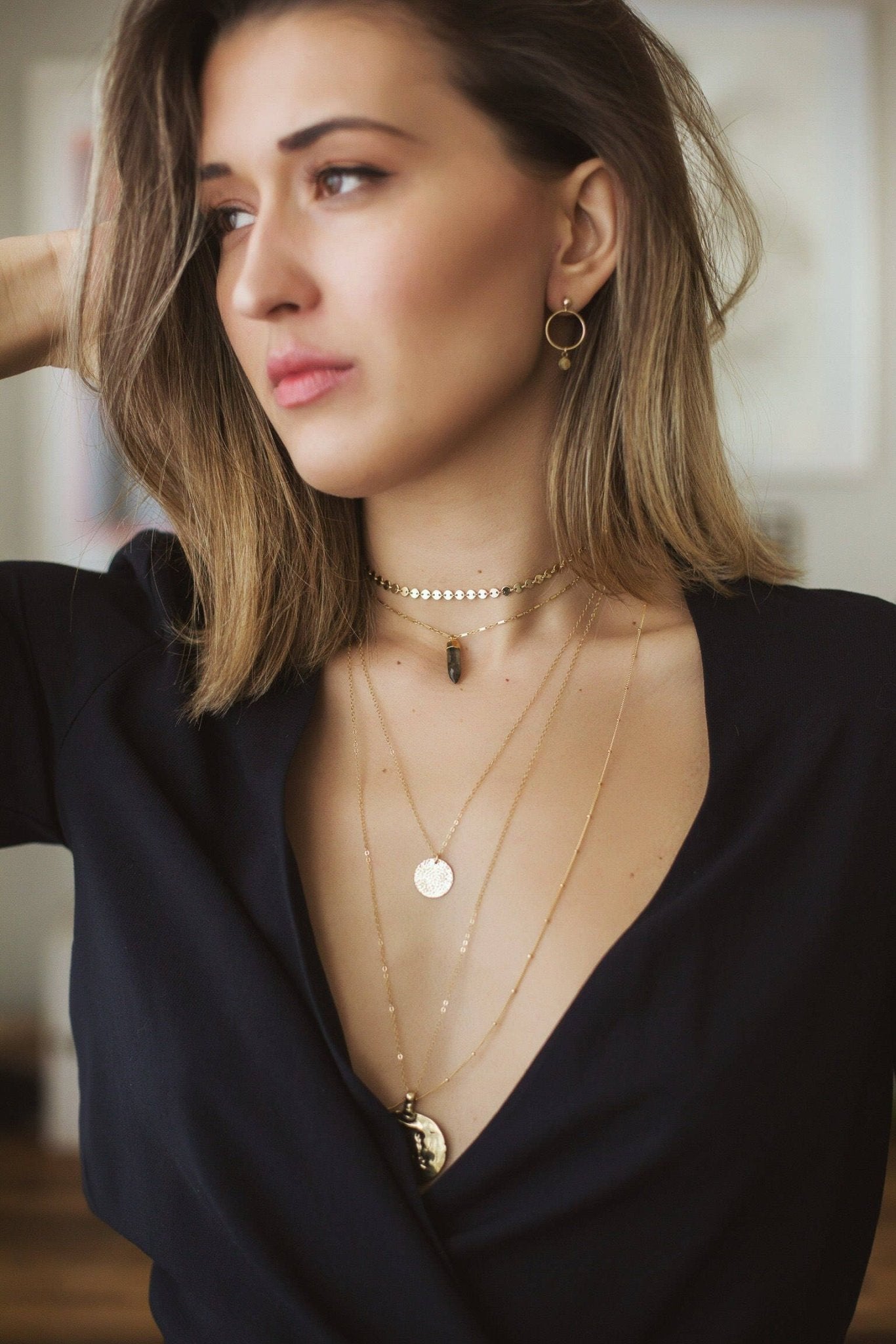 VIAS Long Gold Dot Necklace