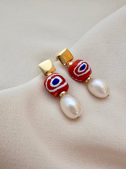 Zina earrings with evil eye and pearl drop