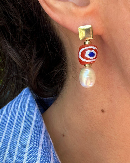 Gold-filled pearl earrings with Greek evil eye bead